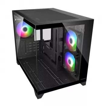 Mini Tower PC Case Cougar FV150 ARGB — melna, atbalsta 2x120/140mm sānu ventilatorus, 1x120mm aizmugurē, HDD 2,5 collas/3,5 collas, 285×435×365 mm