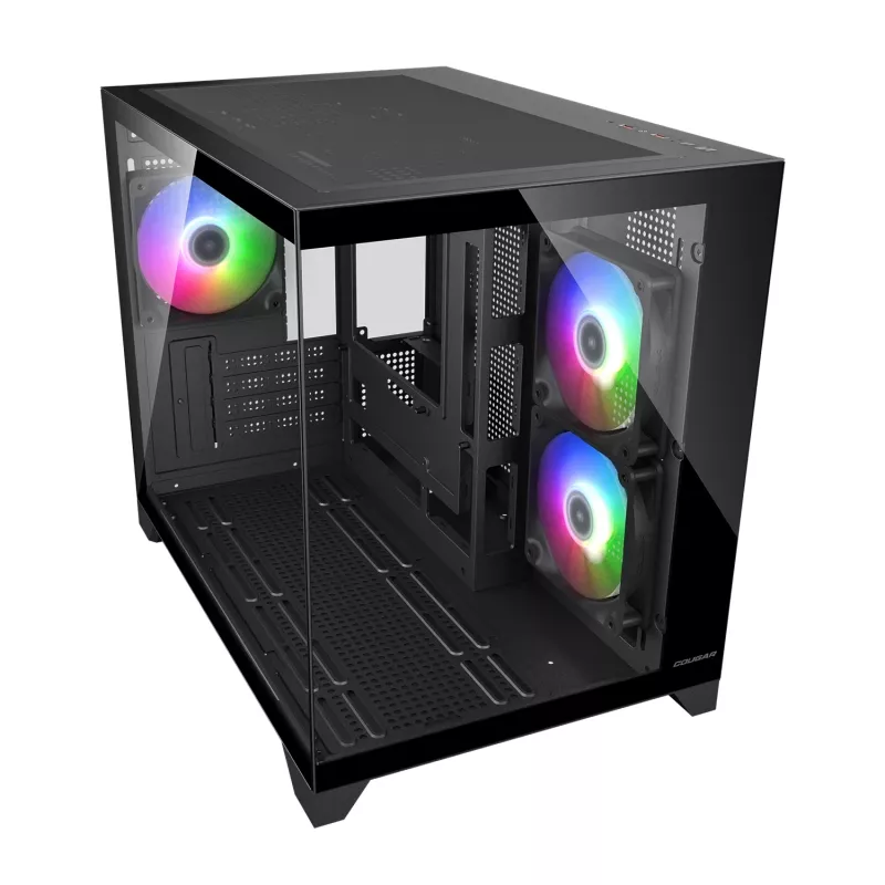 Mini Tower PC Case Cougar FV150 ARGB — melna, atbalsta 2x120/140mm sānu ventilatorus, 1x120mm aizmugurē, HDD 2,5 collas/3,5 collas, 285×435×365 mm