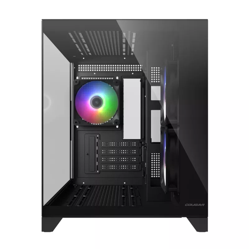Mini Tower PC Case Cougar FV150 ARGB — melna, atbalsta 2x120/140mm sānu ventilatorus, 1x120mm aizmugurē, HDD 2,5 collas/3,5 collas, 285×435×365 mm