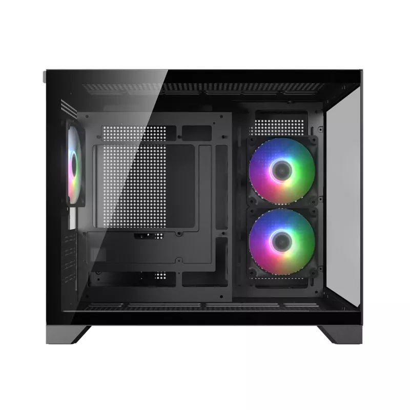 Mini Tower PC Case Cougar FV150 ARGB — melna, atbalsta 2x120/140mm sānu ventilatorus, 1x120mm aizmugurē, HDD 2,5 collas/3,5 collas, 285×435×365 mm
