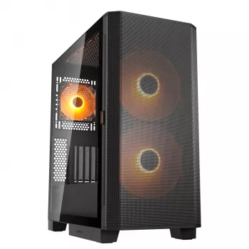 PC Midi Tower korpuss Cougar Airface FLO ARGB, melns — atbalsta 2x180mm priekšā, 1x120mm aizmugurē, 2.5/3.5 collu diskdziņi, 240×480×509 mm