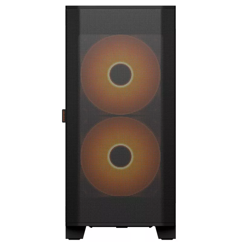 PC Midi Tower korpuss Cougar Airface FLO ARGB, melns — atbalsta 2x180mm priekšā, 1x120mm aizmugurē, 2.5/3.5 collu diskdziņi, 240×480×509 mm