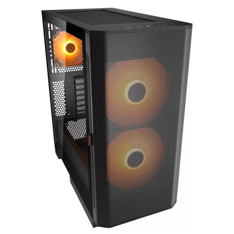 PC Midi Tower korpuss Cougar Airface FLO ARGB, melns — atbalsta 2x180mm priekšā, 1x120mm aizmugurē, 2.5/3.5 collu diskdziņi, 240×480×509 mm