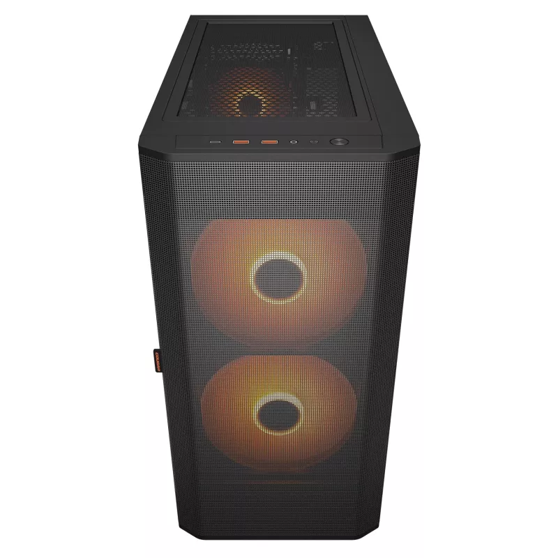 PC Midi Tower korpuss Cougar Airface FLO ARGB, melns — atbalsta 2x180mm priekšā, 1x120mm aizmugurē, 2.5/3.5 collu diskdziņi, 240×480×509 mm