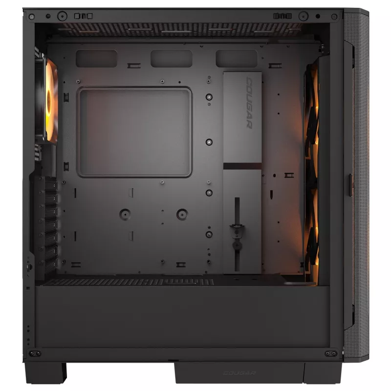 PC Midi Tower korpuss Cougar Airface FLO ARGB, melns — atbalsta 2x180mm priekšā, 1x120mm aizmugurē, 2.5/3.5 collu diskdziņi, 240×480×509 mm