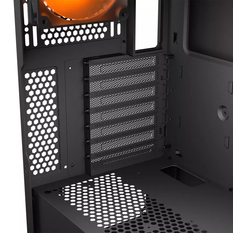 PC Midi Tower korpuss Cougar Airface FLO ARGB, melns — atbalsta 2x180mm priekšā, 1x120mm aizmugurē, 2.5/3.5 collu diskdziņi, 240×480×509 mm