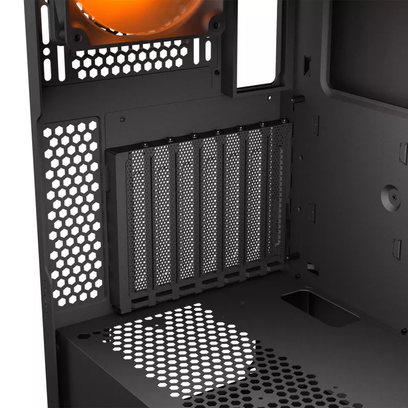 PC Midi Tower korpuss Cougar Airface FLO ARGB, melns — atbalsta 2x180mm priekšā, 1x120mm aizmugurē, 2.5/3.5 collu diskdziņi, 240×480×509 mm