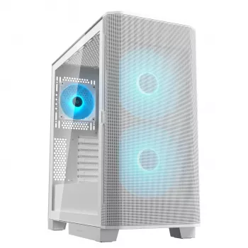 COUGAR PC Midi Tower korpuss Airface FLO ARGB balts — 2x180mm priekšā, 1x120mm aizmugurē, atbalsta 2,5 collu/3,5 collu HDD, 240×480×509 mm