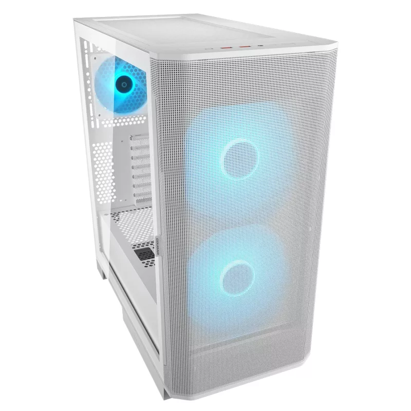 COUGAR PC Midi Tower korpuss Airface FLO ARGB balts — 2x180mm priekšā, 1x120mm aizmugurē, atbalsta 2,5 collu/3,5 collu HDD, 240×480×509 mm