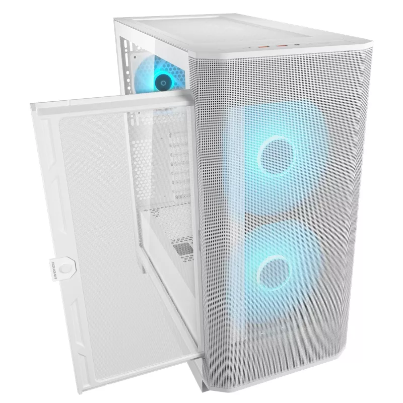 COUGAR PC Midi Tower korpuss Airface FLO ARGB balts — 2x180mm priekšā, 1x120mm aizmugurē, atbalsta 2,5 collu/3,5 collu HDD, 240×480×509 mm