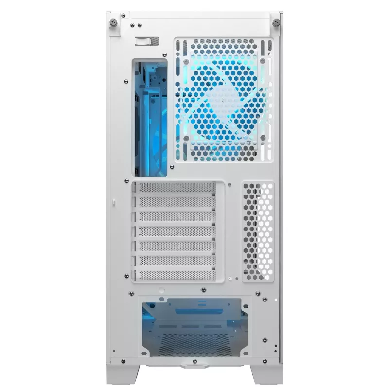 COUGAR PC Midi Tower korpuss Airface FLO ARGB balts — 2x180mm priekšā, 1x120mm aizmugurē, atbalsta 2,5 collu/3,5 collu HDD, 240×480×509 mm