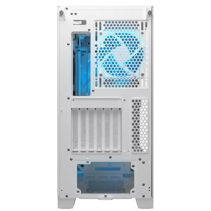 COUGAR PC Midi Tower korpuss Airface FLO ARGB balts — 2x180mm priekšā, 1x120mm aizmugurē, atbalsta 2,5 collu/3,5 collu HDD, 240×480×509 mm