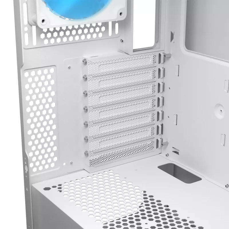 COUGAR PC Midi Tower korpuss Airface FLO ARGB balts — 2x180mm priekšā, 1x120mm aizmugurē, atbalsta 2,5 collu/3,5 collu HDD, 240×480×509 mm