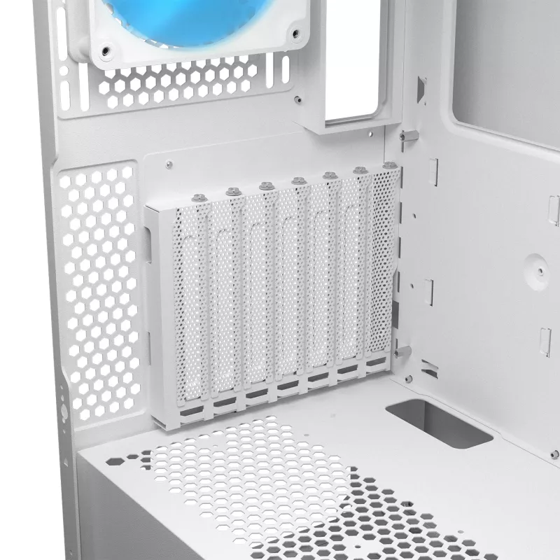 COUGAR PC Midi Tower korpuss Airface FLO ARGB balts — 2x180mm priekšā, 1x120mm aizmugurē, atbalsta 2,5 collu/3,5 collu HDD, 240×480×509 mm