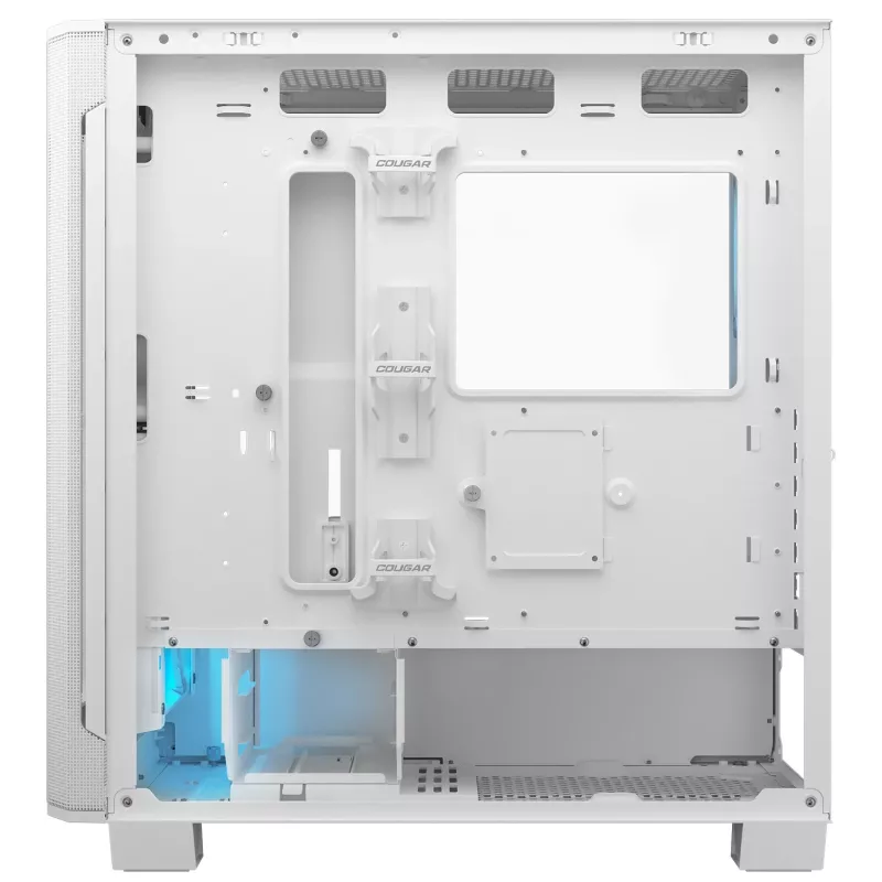 COUGAR PC Midi Tower korpuss Airface FLO ARGB balts — 2x180mm priekšā, 1x120mm aizmugurē, atbalsta 2,5 collu/3,5 collu HDD, 240×480×509 mm