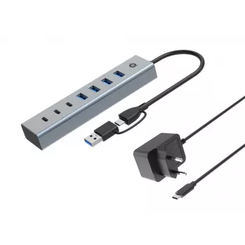 Conceptronic HUBBIES20GP 7-Port USB 3.0 Hub with Power Adapter, 5Gbps, USB-C x 3, USB-A x 4