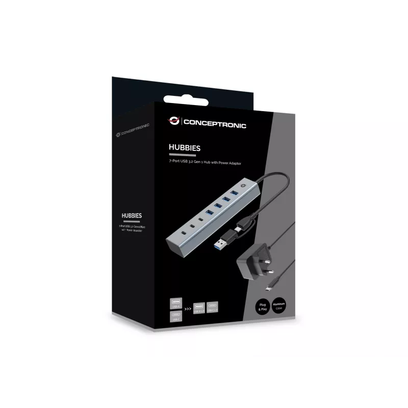 Conceptronic HUBBIES20GP 7-Port USB 3.0 Hub with Power Adapter, 5Gbps, USB-C x 3, USB-A x 4
