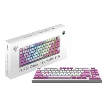 MSI FORGE GK600 TKL WIRELESS VIOLET tastatūra Spēļu USB + Bluetooth QWERTY Spāņu Rozā, Violeta, Balta