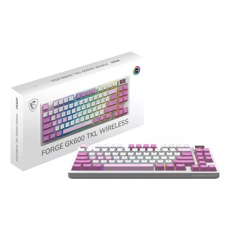 MSI FORGE GK600 TKL WIRELESS VIOLET tastatūra Spēļu USB + Bluetooth QWERTY Spāņu Rozā, Violeta, Balta