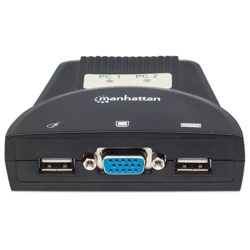Manhattan KVM slēdzis Mini 2-portu, 2x USB-A, kabeļi iekļauti, audio atbalsts, vadība 2 datoriem no vienas peles/klaviatūras/ekrāna, melns, mūža garantija, iepakots kastē