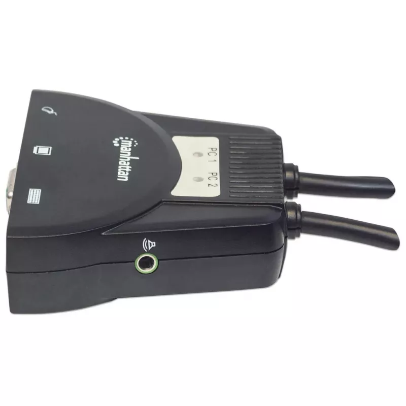 Manhattan KVM slēdzis Mini 2-portu, 2x USB-A, kabeļi iekļauti, audio atbalsts, vadība 2 datoriem no vienas peles/klaviatūras/ekrāna, melns, mūža garantija, iepakots kastē