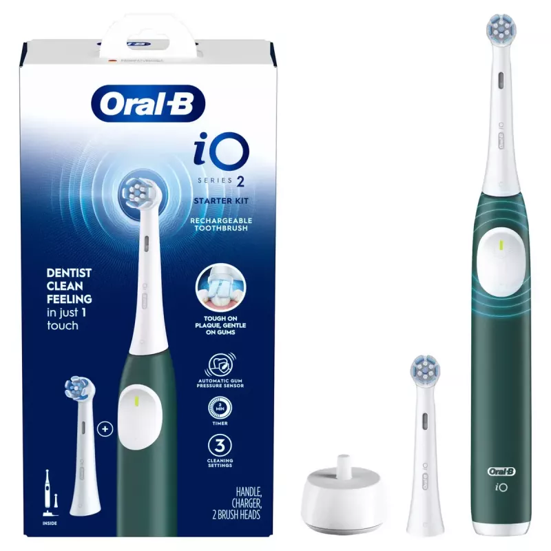 Electric toothbrush BRAUN iO2 — rechargeable adult toothbrush, 3 modes, pressure sensor, 2 brush heads, Forest zaļa