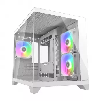 Mini Tower PC Case Cougar FV150 ARGB balta — Micro-ATX / Mini-ITX, sānu logs, 2x120 mm + 1x120 mm ventilatori, 2,5 collu un 3,5 collu nodalījumi