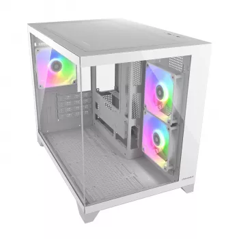 Mini Tower PC Case Cougar FV150 ARGB balta — Micro-ATX / Mini-ITX, sānu logs, 2x120 mm + 1x120 mm ventilatori, 2,5 collu un 3,5 collu nodalījumi