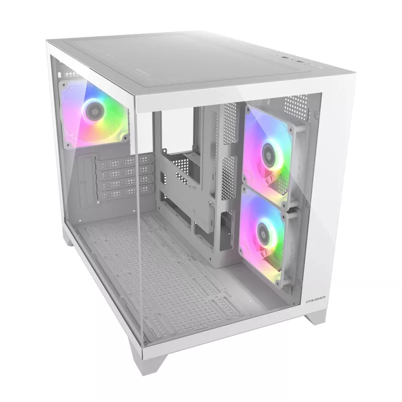 Mini Tower PC Case Cougar FV150 ARGB balta — Micro-ATX / Mini-ITX, sānu logs, 2x120 mm + 1x120 mm ventilatori, 2,5 collu un 3,5 collu nodalījumi