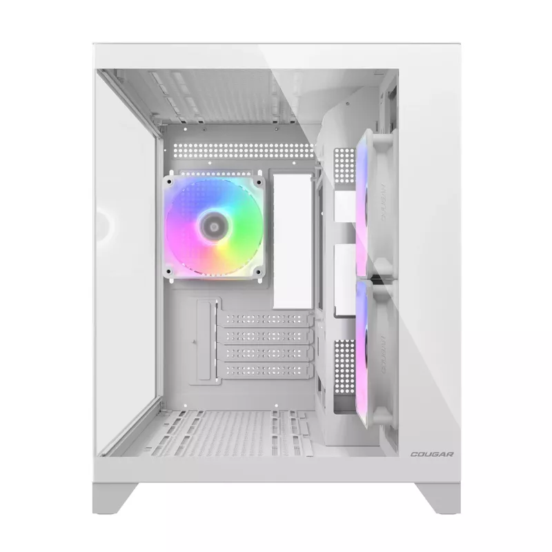Mini Tower PC Case Cougar FV150 ARGB balta — Micro-ATX / Mini-ITX, sānu logs, 2x120 mm + 1x120 mm ventilatori, 2,5 collu un 3,5 collu nodalījumi