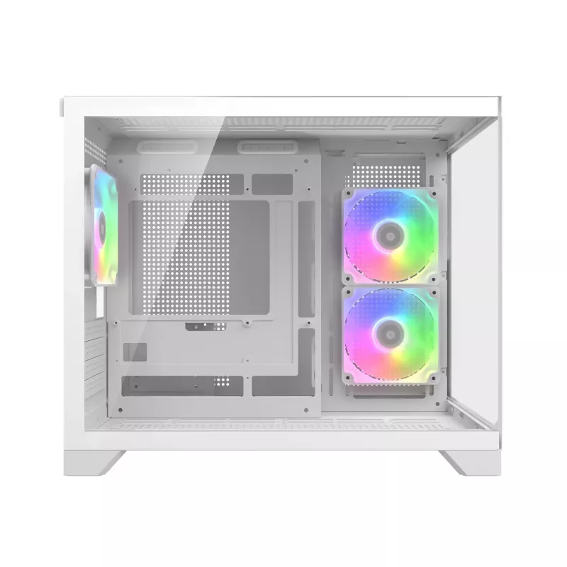 Mini Tower PC Case Cougar FV150 ARGB balta — Micro-ATX / Mini-ITX, sānu logs, 2x120 mm + 1x120 mm ventilatori, 2,5 collu un 3,5 collu nodalījumi