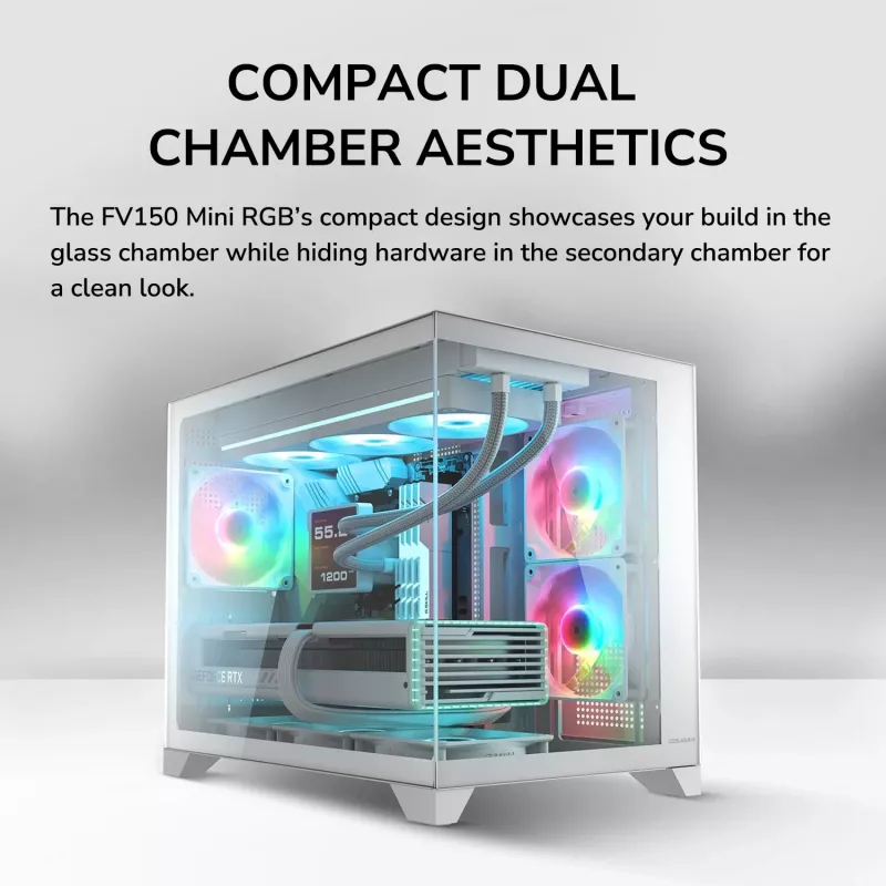 Mini Tower PC Case Cougar FV150 ARGB balta — Micro-ATX / Mini-ITX, sānu logs, 2x120 mm + 1x120 mm ventilatori, 2,5 collu un 3,5 collu nodalījumi