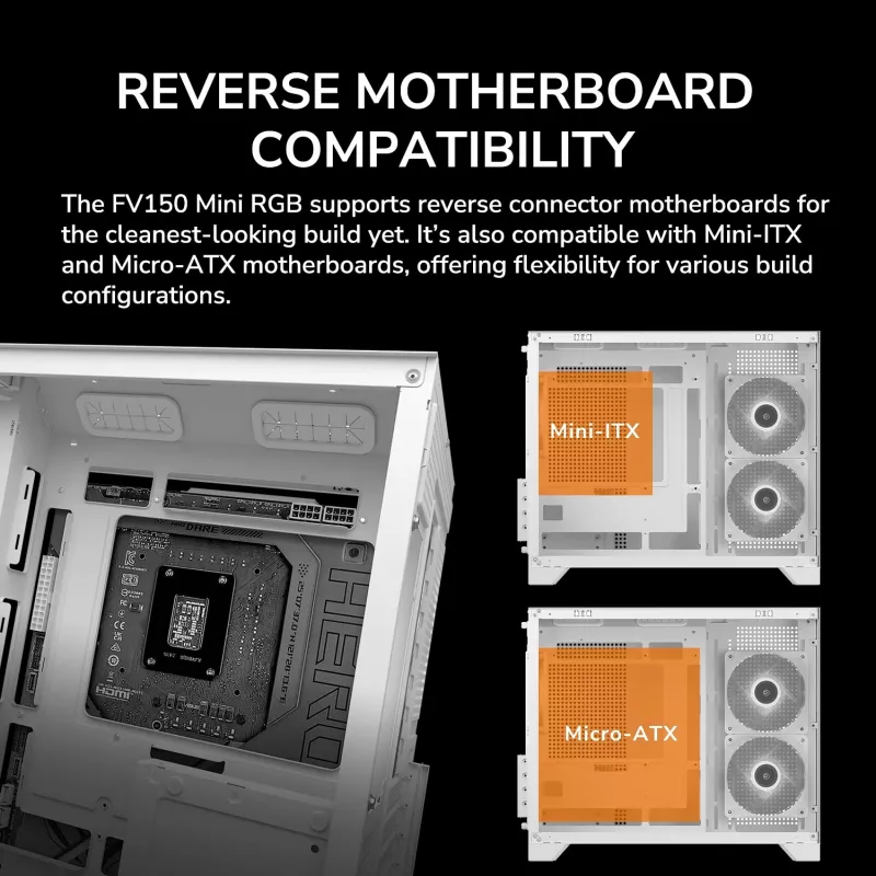 Mini Tower PC Case Cougar FV150 ARGB balta — Micro-ATX / Mini-ITX, sānu logs, 2x120 mm + 1x120 mm ventilatori, 2,5 collu un 3,5 collu nodalījumi