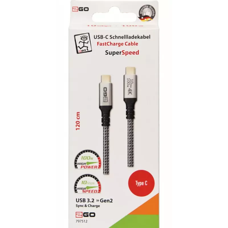 USB kabelis 2GO 797512 USB 3.2 Gen 2 1,2 m USB C Melns Sudrabains