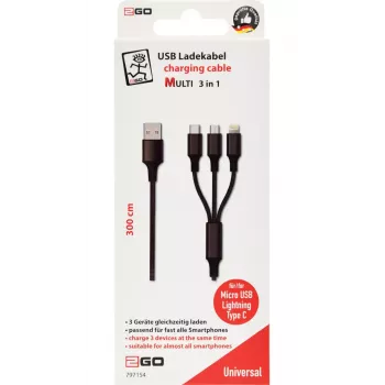 USB kabelis 2GO 797154 3m USB B USB C/Micro-USB B/Lightning melns