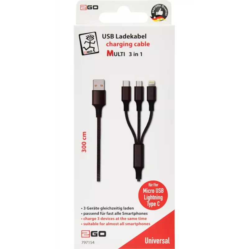 USB kabelis 2GO 797154 3m USB B USB C/Micro-USB B/Lightning melns