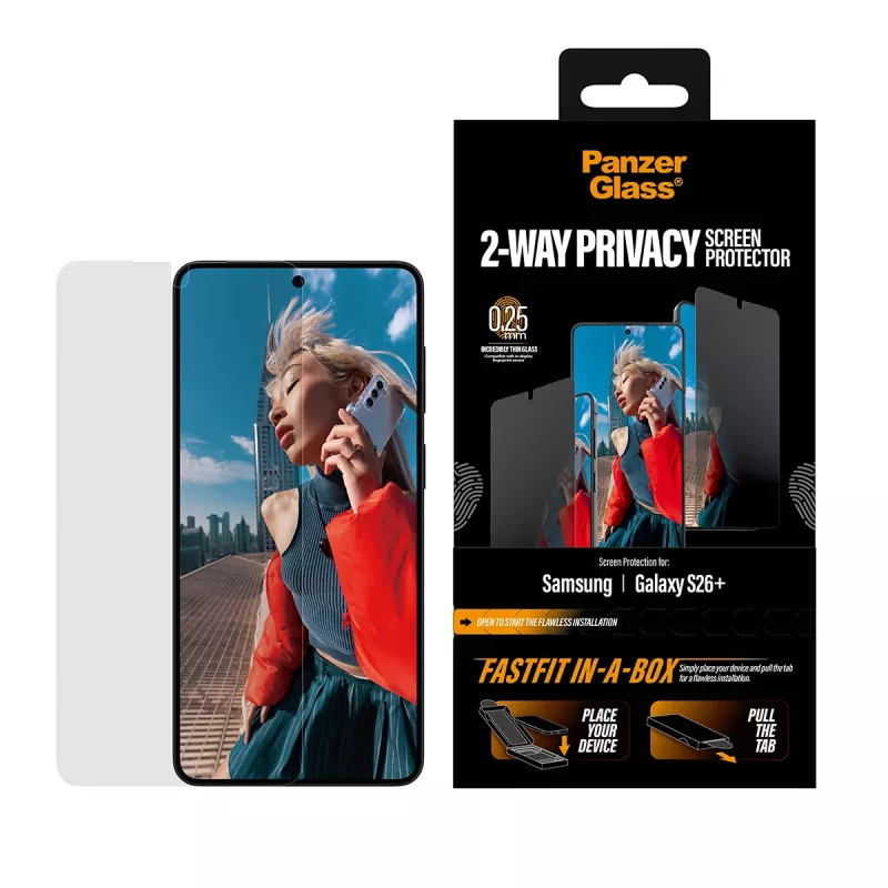 Ekrāna aizsargs PanzerGlass 2-Way Privacy Samsung New Galaxy S 2026 Plus — īpaši plata PET plēve ar FASTFIT
