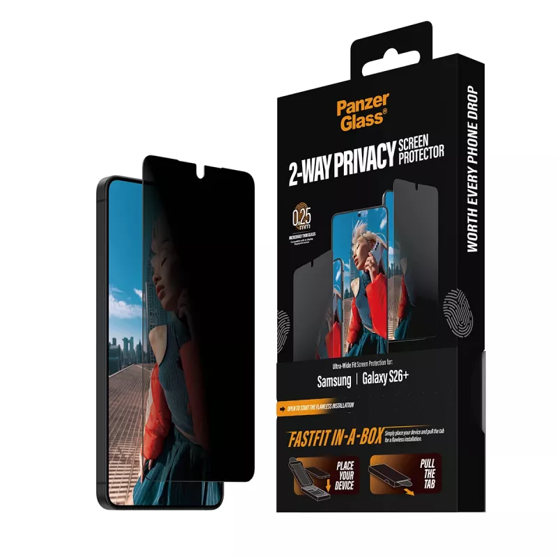 Ekrāna aizsargs PanzerGlass 2-Way Privacy Samsung New Galaxy S 2026 Plus — īpaši plata PET plēve ar FASTFIT