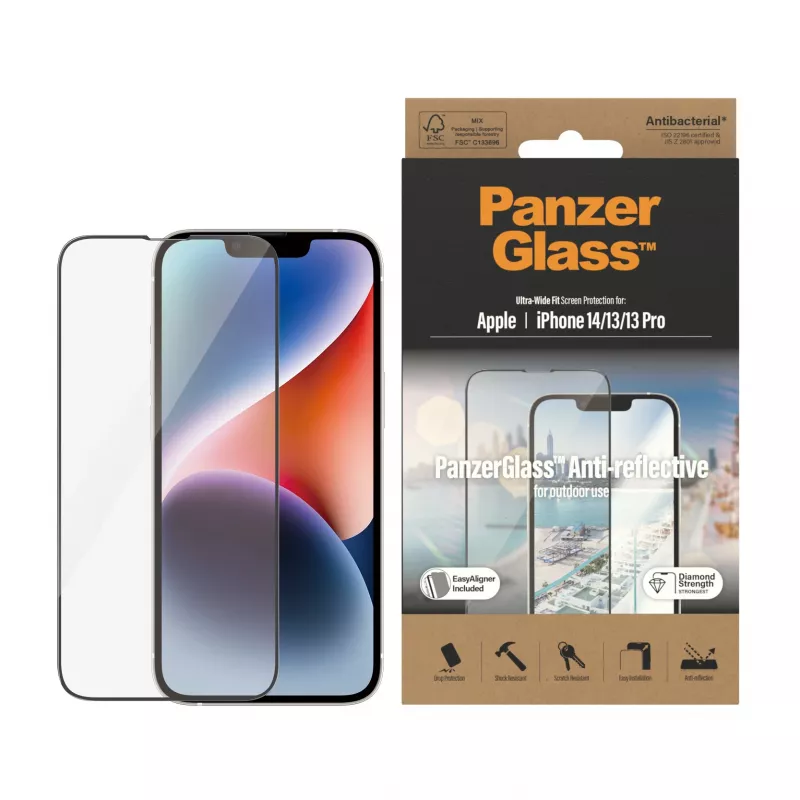 Ekrāna aizsargs PanzerGlass pretatstarojošs Apple iPhone 14 / 13 / 13 Pro — Rūdīts stikls, PET, īpaši plašs pārklājums, EasyAligner