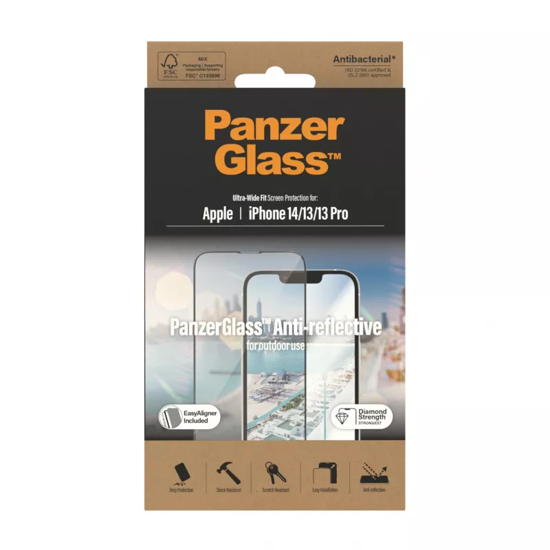 Ekrāna aizsargs PanzerGlass pretatstarojošs Apple iPhone 14 / 13 / 13 Pro — Rūdīts stikls, PET, īpaši plašs pārklājums, EasyAligner