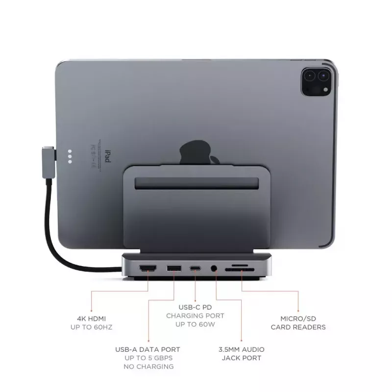 Planšetdatora dokstacija Satechi ST-TCSHIPM USB-C (USB 3.2 Gen 1) ar HDMI, SD/microSD, 60 W PD, pelēka