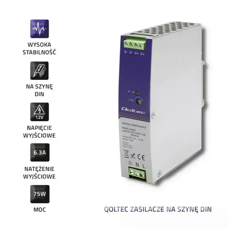 Industriālais DIN sliedes barošanas bloks QOLTEC 50905