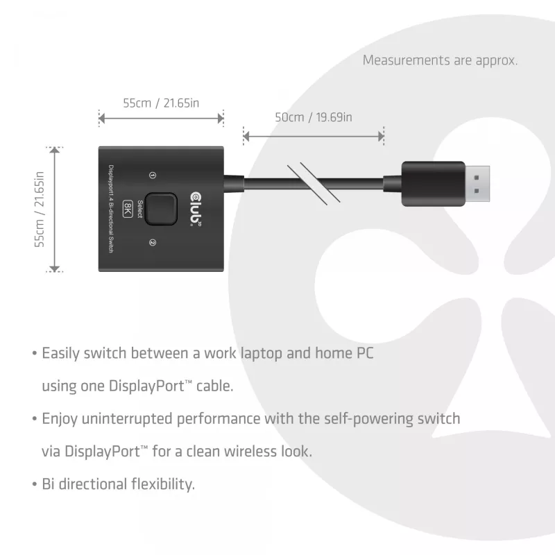CLUB3D CSV-1009 2-in-1 divvirzienu DisplayPort slēdzis — 2x DisplayPort izejas, 8K@60Hz, melns