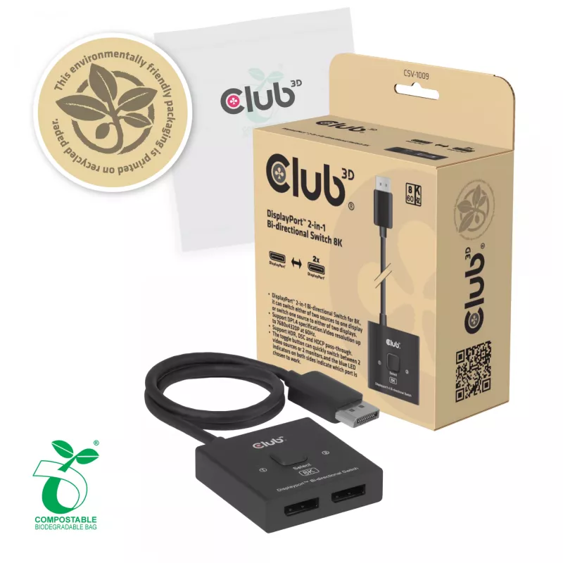 CLUB3D CSV-1009 2-in-1 divvirzienu DisplayPort slēdzis — 2x DisplayPort izejas, 8K@60Hz, melns