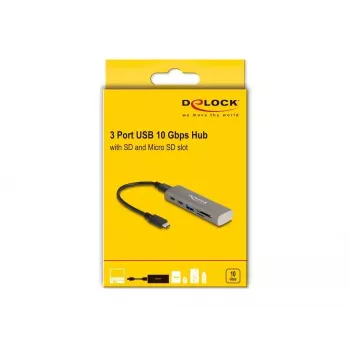 DeLOCK 3 portu USB centrmezgls 10 Gbps ar SD un Micro SD karšu lasītāju, Type-C