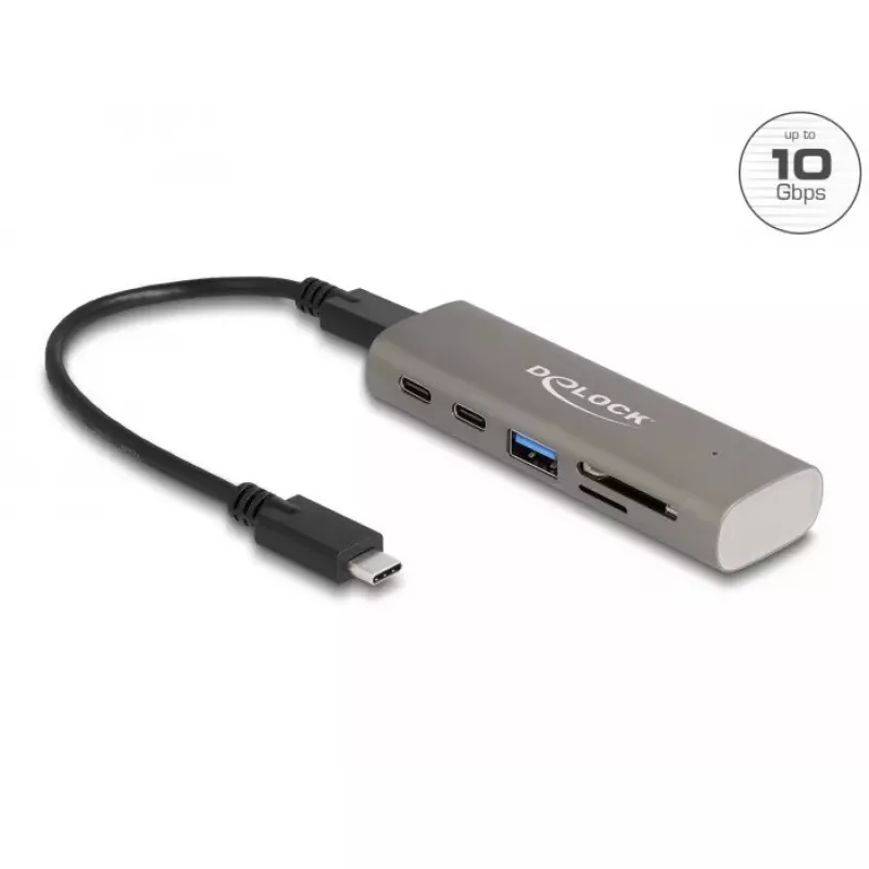 DeLOCK 3 portu USB centrmezgls 10 Gbps ar SD un Micro SD karšu lasītāju, Type-C