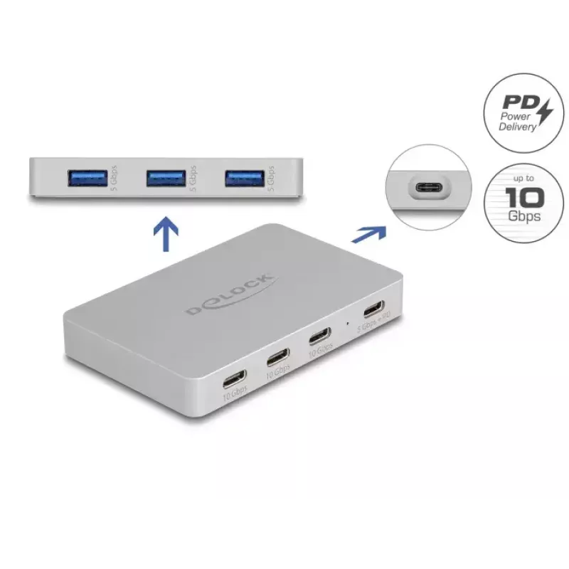 DeLOCK 7 portu USB centrmezgls 4 x USB Type-C 3 x USB Type-A PD 82 W