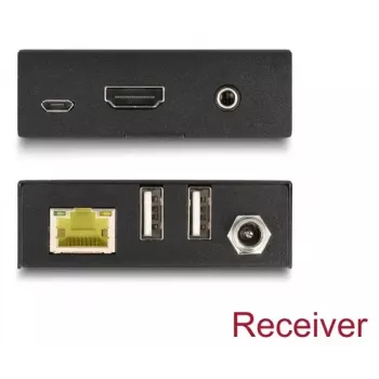 KVM paplašinātājs DELOCK 65957 — HDMI & USB raidītājs un uztvērējs, vadu, līdz 70 m, 18 Gbit/s, 600 MHz, melns