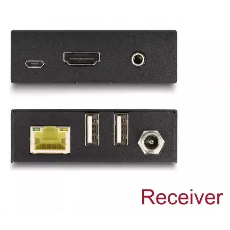 KVM paplašinātājs DELOCK 65957 — HDMI & USB raidītājs un uztvērējs, vadu, līdz 70 m, 18 Gbit/s, 600 MHz, melns