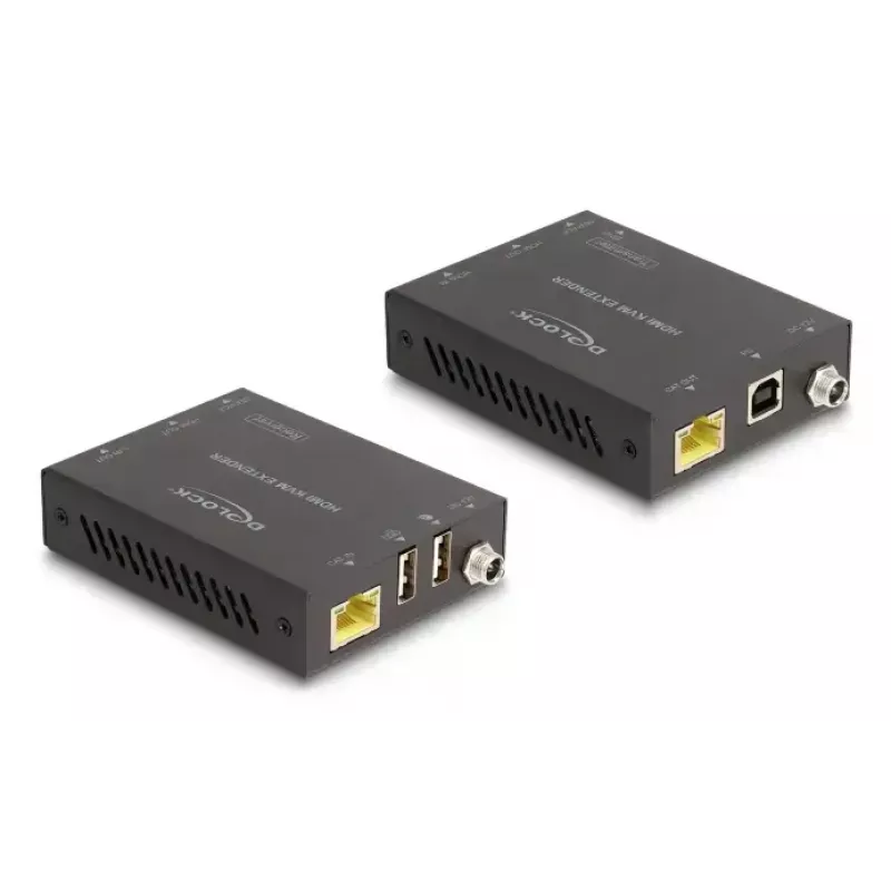 KVM paplašinātājs DELOCK 65957 — HDMI & USB raidītājs un uztvērējs, vadu, līdz 70 m, 18 Gbit/s, 600 MHz, melns